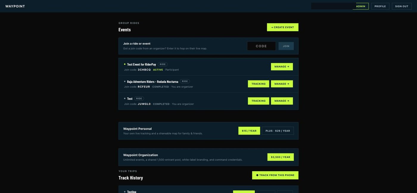 Waypoint organizer dashboard listing events