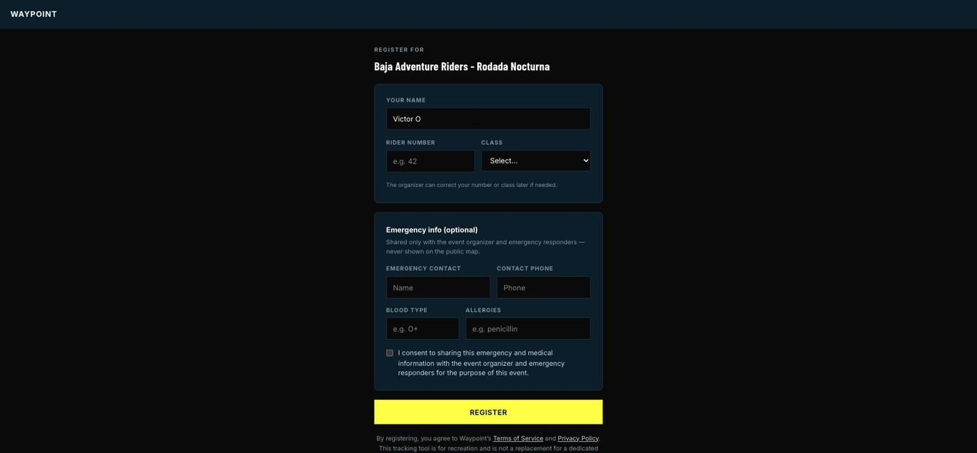 Rider registration form with emergency info fields
