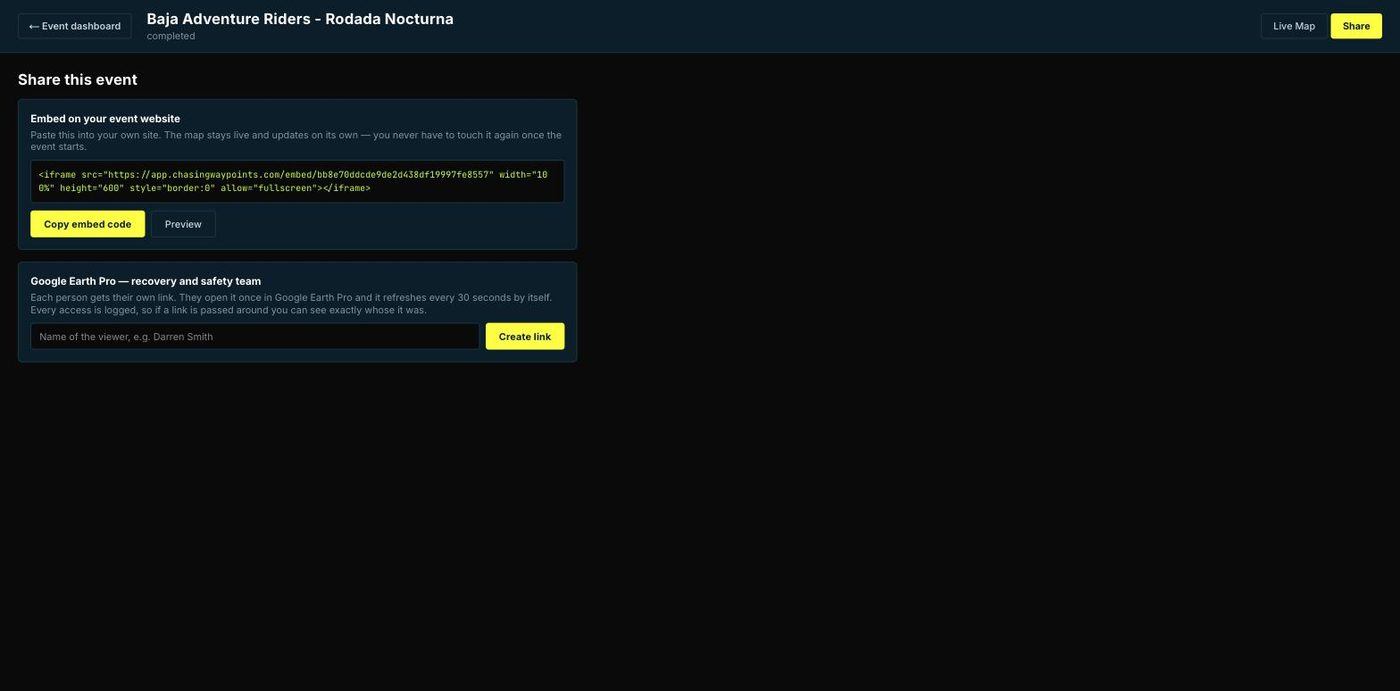 Share tab with website embed code and Google Earth Pro recovery feed
